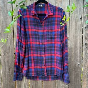 Flannel Button Down BeachLunchLounge L red purple blue  black plaid